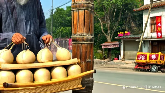 An old oil seller sets down a weathered bamboo pole, gourds clinking. He leans on the pole, squinting at Chen with a faint smirk, unimpressed. Dust motes float in the sunbeam between them—long shot showing distance between arrogance and humility. by Hailuo AI Video Generator