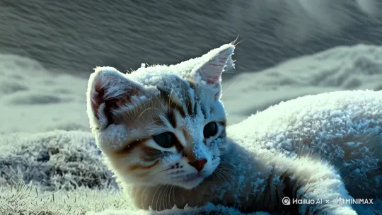 超现实主义，寒冬腊月，一只小奶猫身体外面被厚厚的冰霜冰冻裹住，成了冰冻的雕像，凄惨的模样，非常可怜的模样，脸部特写，不看镜头，冷飕飕的风，细节刻画，影视摄影，高级滤镜，辛烷渲染，32K超高清 by Hailuo AI Video Generator