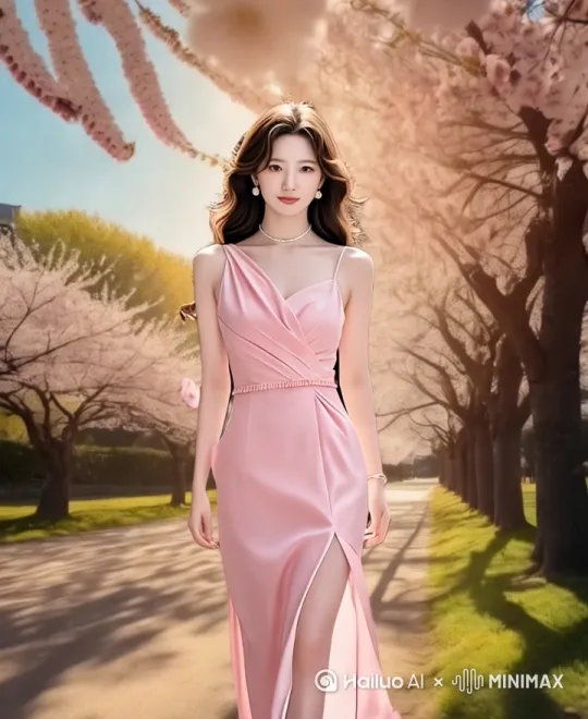 [推出,上升,下摇]，美女漫步走在樱花树下 by Hailuo AI Video Generator
