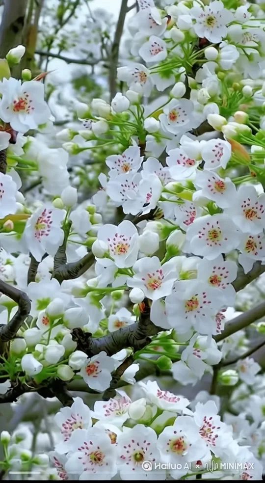 白色花朵、梨花、繁花满枝、花蕊泛红、春日花卉、植物特写 by Hailuo AI Video Generator