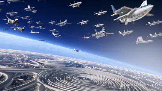 未来太空世界 不仅仅是卫星 飞机等在空中飞行  整个太空已经被规划成一个立体三维空间  各种人类飞行器纵横交错 各自在规定的轨道内穿梭  飞行  无论是水平还是上下飞行都被精准时空轨道安全控制。 by Hailuo AI Video Generator