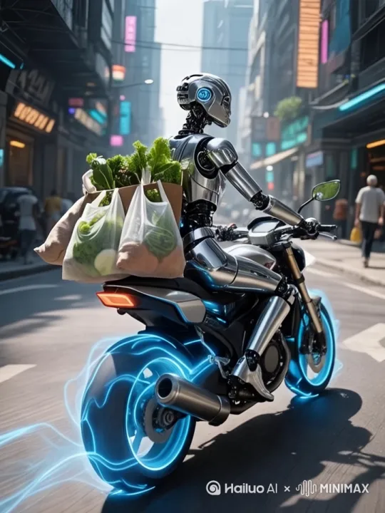 机器人骑着摩托车沿道路一路狂奔。镜头跟随 by Hailuo AI Video Generator