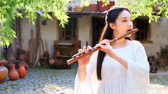让图中美女手拿着笛子放在嘴边，在一个农家小院里吹着笛子 by Hailuo AI Video Generator