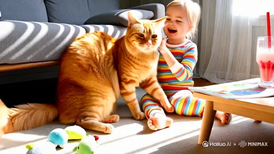 在暖阳倾洒的温馨客厅，一只宛如巨型毛绒抱枕的橘猫惬意地靠在柔软地毯上，厚实的前爪稳稳环抱着穿着彩虹条纹睡衣的小孩。孩子银铃般的笑声回荡四周，双手轻轻揪着橘猫蓬松的长毛，还把红扑扑的脸蛋亲昵地蹭向猫柔软的脖颈。橘猫半眯着眼，喉咙里滚动着满足的呼噜声，尾巴偶尔轻摆扫过地上的毛绒玩具。一旁的原木小桌上摆着彩色绘本与喝了一半的草莓奶昔，窗帘缝隙漏下的光斑在他们身上跳跃，整个画面流淌着纯粹的温暖与眷恋，仿佛岁月都为这一人一猫的亲昵互而放缓了脚步。 by Hailuo AI Video Generator