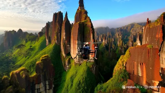 无人机航拍云南石林全景，喀斯特地貌石柱群错落分布，绿色植被覆盖石缝间，蓝天白云为背景，镜头穿梭在高耸的石柱之间，低空掠过石柱表面展现风化纹理，俯视视角呈现石海波浪状起伏，画面采用自然纪录片风格，真实还原赭红色岩体与青苔的色彩对比，搭配缓慢抬升的运镜展现地貌的辽阔，4K画质呈现岩石的每处裂痕，晨雾缭绕时拍摄增加神秘感，保留无人机轻微晃动的真实临场感 by Hailuo AI Video Generator