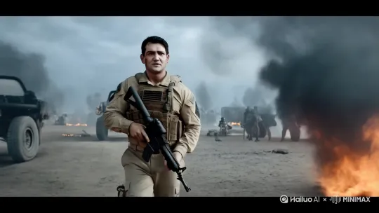 
"Use reference image as a solider ,A realistic cinematic scene of a lone army soldier walking slowly through a smoky battlefield. The background is filled with explosions in the distance, burning debris, and other soldiers fighting. The sky is cloudy and dark, dust and ash float in the air. The camera follows the soldier from behind in a smooth tracking shot, capturing the emotional weight and intensity of war. High-definition, movie-quality, dramatic lighting, shallow depth of field, realistic details." by Hailuo AI Video Generator
