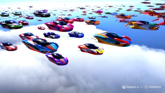 多款多样汽车在天空穿梭飞行[右摇,变焦推进] by Hailuo AI Video Generator