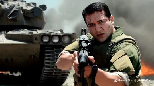"A cinematic HD image of the same army soldier taking cover behind a destroyed tank on the battlefield. Smoke and fire rise in the background, bullets flying past. The soldier looks intense and focused, gripping his rifle tightly, dirt and sweat on his face. The lighting is dramatic with sparks in the air, showcasing the chaos of the battle around him. Realistic, movie-style detail, shallow depth of field, high contrast." by Hailuo AI Video Generator