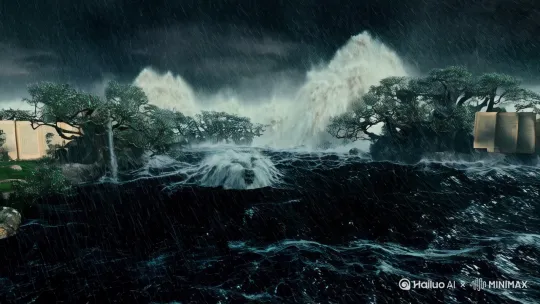 暴雨倾盆，湖面黑浪翻涌如巨兽，树木剧烈摇晃。

关键词：暴风雨特效、暗调画面、动态波浪、压迫感，镜头快切 「国风渲染」「动态粒子」「古籍质感」 by Hailuo AI Video Generator