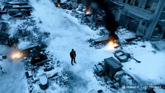 提示词：全景，人物全身，俯拍，中心构图，核心主体为身处战火废墟雪地中的詹姆斯，他表情凝重，眼神望向远方，环境场景是布满残垣断壁的叙利亚街道，四周战火未熄，雪花纷纷扬扬落下，艺术风格为写实，氛围光线偏昏暗，冷色调，以蓝、白、灰为主。
运镜语言：镜头从高空缓缓下拉，展现出整个战争废墟和雪夜的大场景，最后聚焦到詹姆斯身上，让观众对环境和主角所处位置有清晰认知。
音效：风声、远处的枪炮声、火焰燃烧声作为环境音，背景音乐以低沉的弦乐缓慢淡入，营造出压抑、寒冷的氛围。[右移,左摇,跟随] by Hailuo AI Video Generator