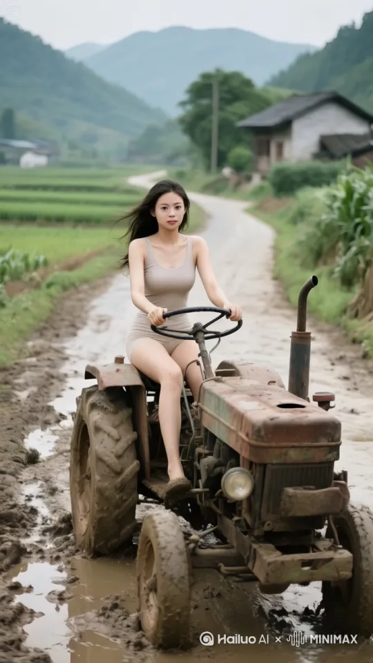 美女开着美女开着拖拉机弹射起步，拖拉机排气管冒出灰烟，快速行驶，漂移过弯，镜头跟随，动态移动。 by Hailuo AI Video Generator