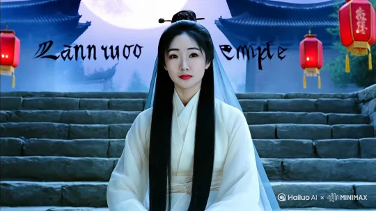 中国古典风格的电影片段,一位身穿精致白色长袍的美女端坐于古旧石阶之上,长发如瀑,轻盈披肩,头饰黑色华美发簪。背景是兰若寺的古老门框,门楣上刻有遒劲有力的'兰若寺'三字,两侧悬挂着摇曳生辉的红色灯笼。朦胧的蓝色雾气缭绕,一轮皎洁明月高悬夜空,营造出神秘而宁静的氛围。美女眼眸微动,轻轻眨了眨眼睛,仿佛诉说着千言万语。镜头缓缓推进,捕捉每一个细腻的表情变化,展现出超高清的电影质感画面。" by Hailuo AI Video Generator