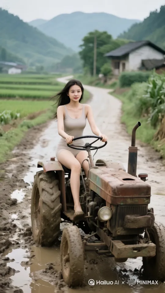美女开着拖拉机弹射起步，拖拉机排气管冒出灰烟，极速行驶，美女笑得很开心，人物不要变形，镜头跟随，动态移动。 by Hailuo AI Video Generator