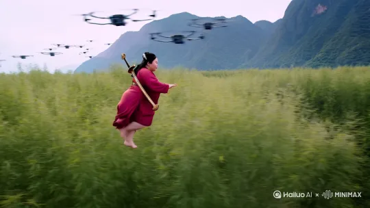 快速高空跟踪镜头、移动无人机视觉背景，在一个中国农村的竹林上，一个穿着古装的胖窈窕美女。背着一只古剑的姿势向前飞行，轻松的在竹林上空踏空飞行。他背着一只古剑。双腿像中国轻功一样在空中飞纵，双脚往前疾奔，仿佛在空中踏出一条路，捕捉平衡飞行的感觉。衣服和头发随风飘摆。相机从略高位置的复视角度紧密跟踪。从左后方向。从左后方向向右后方移动，随着角色穿越，场景环境是动态的快速变化。不断往后掠过的是竹林山里的自然景观，四周是竹林错落的房屋和村民。 by Hailuo AI Video Generator