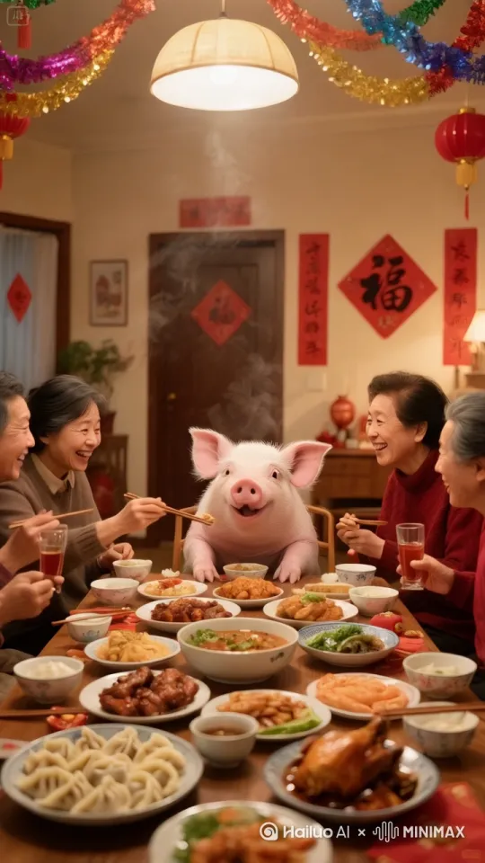 图片中的每个人物都在快速不断的给猪喂着餐桌上的各种食物，猪不停的吃着每个人喂来的食物，猪吃得非常欢快开心。 by Hailuo AI Video Generator
