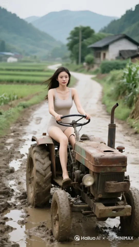 拖拉机弹射式升空，载着长发美女极速飞行，下方广阔的农村田野快速掠过产生动态模糊，无人机高空追踪拍摄 by Hailuo AI Video Generator