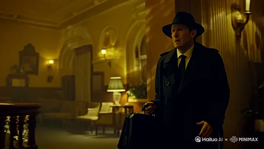 提示词:中景,男人侧面,平视视角,中心构图,穿着黑色风衣头戴帽子的男人拿着黑色皮箱,神色紧张,走进旅店大厅,旅店内部灯光昏黄,装饰陈旧,呈现出神秘紧张风格,光线偏暗,暖黄色调。
运镜语言:跟镜头,跟随男人的脚步移动,展现男人的状态和进入旅店的过程。 by Hailuo AI Video Generator