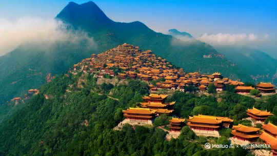 开场镜头（0:00 - 0:15）
画面：航拍武当山全景，展示壮丽的自然风光和古老的建筑群。
旁白：
“欢迎来到武当山，这座被誉为‘亘古无双胜境，天下第一仙山’的道教圣地。今天，我们将带您领略这里的自然美景和深厚的文化底蕴。”
2. 武当山简介（0:15 - 0:45）
画面：展示武当山的地图和历史图片。
旁白：
“武当山位于中国湖北省丹江口市，是中国著名的道教名山之一。它始建于东汉，距今已有两千多年的历史。武当山不仅是道教文化的重要发源地，也是世界文化遗产之一。”
字幕：武当山的历史和文化背景。
3. 主要景点介绍（0:45 - 2:00）

紫霄宫（0:45 - 1:15）

画面：展示紫霄宫的宏伟建筑和内部装饰。
旁白：
“首先，我们来到的是紫霄宫，这是武当山最重要的建筑之一。紫霄宫是武当山道教协会的所在地，也是许多重要道教活动的举办地。”
字幕：紫霄宫的历史和重要性。

南岩宫（1:15 - 1:45）

画面：展示南岩宫的悬崖建筑和绝美风景。
旁白：
“接下来，我们来到南岩宫，这里以其险峻的地势和精美的建筑闻名。南岩宫是武当山‘三十六岩’中最美的一岩。”
字幕：南岩宫的建筑特色和自然景观。

金顶（1:45 - 2:00）

画面：展示金顶的辉煌建筑和日出日落的美景。
旁白：
“最后，我们来到武当山的最高峰——金顶。这里是武当山的标志性景点，金顶上的金殿是武当山最珍贵的文物之一。”
字幕：金顶的历史和建筑特色。
4. 道教文化体验（2:00 - 3:00）
画面：展示道士的日常活动，如打坐、诵经、练武等。
旁白：
“武当山不仅是自然景观的宝库，也是道教文化的重要传承地。在这里，您可以体验到传统的道教文化，如打坐、诵经和太极拳。”
字幕：道教文化的核心价值和日常活动。
5. 游客体验和活动（3:00 - 4:00）
画面：展示游客在武当山的各种活动，如徒步、摄影、参观博物馆等。
旁白：
“武当山为游客提供了丰富的体验活动。无论是徒步登山，还是参观博物馆，您都能在这里找到适合自己的活动。”
字幕：推荐的游客活动和体验项目。
6. 结尾（4:00 - 4:30）
画面：展示武当山的全景和游客的笑脸。
旁白：
“感谢您跟随我们一起游览武当山。希望这次旅程能给您留下美好的回忆，期待您的下次光临。”
字幕：武当山的旅游信息和联系方式。
7. 片尾（4:30 - 5:00）
画面：展示武当山的标志和旅游宣传语。
旁白：
“武当山——一个让您心灵宁静的地方。” by Hailuo AI Video Generator