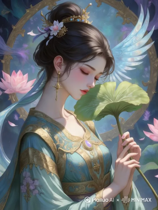 女子微微低头，手中的荷叶轻轻晃动，她发髻上的花朵和金饰微微颤动。蓝色的翅膀轻柔地扇动，仿佛在微风中轻轻舞动。背景中粉色的莲花缓缓绽放，花瓣微微颤动，散发出柔和的光晕，周围的紫色光影如烟雾般缓缓飘动。金色的圆形装饰边缘闪烁着微光，整体画面营造出一种神秘而优雅的动态氛围。
 
- 运镜：使用推镜头的方式，镜头从画面的远处缓缓推向女子，聚焦于女子的神态、手中荷叶的动态以及服饰上的细节变化，同时利用光影的渐变效果，突出画面的层次感和氛围感，使观众的注意力逐渐集中到女子身上。 by Hailuo AI Video Generator