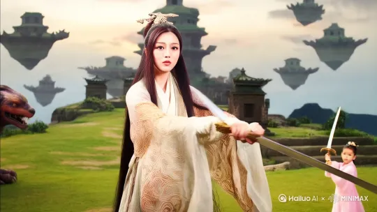 她是一位大罗金仙，在仙境中练剑。她在和灵兽比斗。还有一个小女孩在舞剑。 by Hailuo AI Video Generator