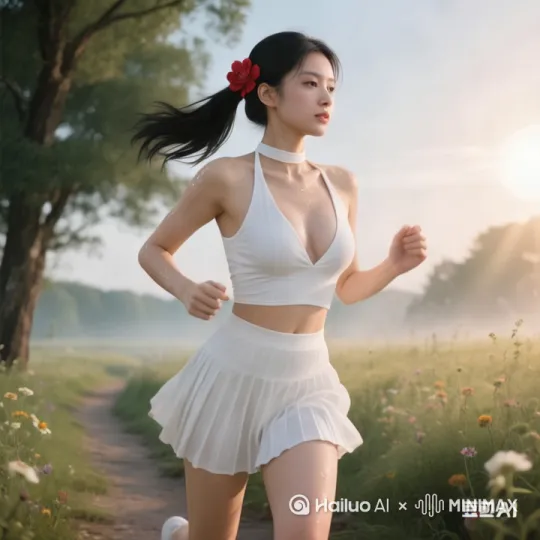 [变焦推进]额头跑步前进
[左移,右摇,跟随][晃动]跑步前进，胸部晃动
[右移,跟随][晃动][拉远]跑步前进，胸部晃动
[右摇,变焦推进][晃动]眼神跟随镜头
[晃动][拉远]微笑，眼神看前方
[拉远]跑步前进，胸部晃动
[左移,右摇,跟随]跑步前进 by Hailuo AI Video Generator