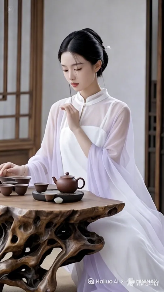 1. 主体描述：
- 身着淡青色素纱襦裙的汉服女子
- 梳着精致的垂云髻 点缀珍珠发饰
- 纤长睫毛下的丹凤眼低垂凝视茶盏
- 朱唇微启吹散茶雾的瞬间特写
- 兰花指轻托天青釉建盏的柔美手部动作

2. 动态设计：
- 镜头从茶烟氤氲中缓慢推近人物侧颜
- 鬓边一缕青丝随风轻扬的慢镜头
- 裙摆绸缎在微风中的0.5倍速流体运动
- 茶汤表面涟漪扩散的粒子特效
- 背景竹影摇曳的光斑投影动画

3. 环境构建：
- 宋代风格木构茶寮场景
- 背景设置描金屏风与青瓷香炉
- 前景虚化处理的红泥小火炉
- 窗外飘落的3D樱花花瓣特效
- 环境光使用柔和的伦勃朗布光法

4. 艺术风格：
- 色彩方案采用莫兰迪青灰调
- 画面质感模拟绢本设色古画效果
- 添加微距镜头下的茶毫悬浮细节
- 运动模糊配合动态模糊渲染
- 后期叠加中国山水画笔触滤镜

技术参数建议：
时长：5秒
帧率：60fps
分辨率：4K UHD
色彩空间：Rec.2020
动态范围：HDR10
渲染引擎建议使用Unreal Engine 5的Lumen光照系统 by Hailuo AI Video Generator