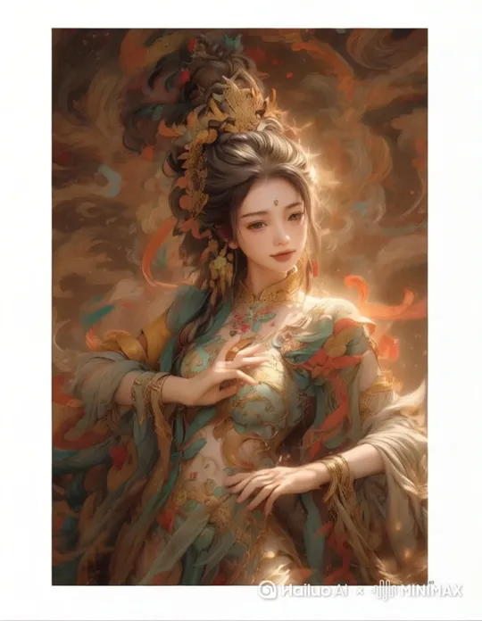 风格：延续敦煌瑰丽奇幻风，色彩明艳，光影营造仙幻氛围。
动作：从人物当前姿态起，右手手臂伸直，以肩为轴，如优雅揽月般，缓慢向上舒展至头顶上方；左手轻柔下落，置于腰间位置。同时，身体以腰为中心，呈柔缓弧度向右扭转，带动身上衣袂飘带自然飞扬，仿若在风中自在舞动，动作全程符合人体正常结构与运动逻辑 。
场景：背景云雾状纹理如流沙涌动，点缀的金芒粒子随人物动作闪烁、飘动，营造神秘动感氛围。
镜头：中景跟拍，镜头随人物转动轻微平移，捕捉服饰细节与动作韵律。
特效：人物周身有淡淡光晕萦绕，飘带边缘有微光闪烁，增强梦幻感。 by Hailuo AI Video Generator