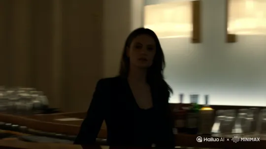 在酒吧里，女主后退时碰倒的玻璃杯，杯子里的橙黄液体在吧台蜿蜒流淌。 by Hailuo AI Video Generator