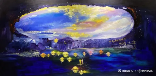 特写	，小时候的 “你” 蹲在莲花里，阳光透过洞洒在脸上，好奇地伸手触碰光斑，推镜头，柔和自然光	，轻柔的风声、鸟鸣声 by Hailuo AI Video Generator