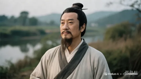 分镜1: 身着素色长袍的中年男子背对镜头缓缓转身,柔软发丝被微风吹起。前方是笼罩薄雾的群山与飘散云絮的天空。镜头缓慢拉远,淡青色衣袂轻扬。面部线条平静如水,低饱和色调画面呈现出世孤独感。 by Hailuo AI Video Generator