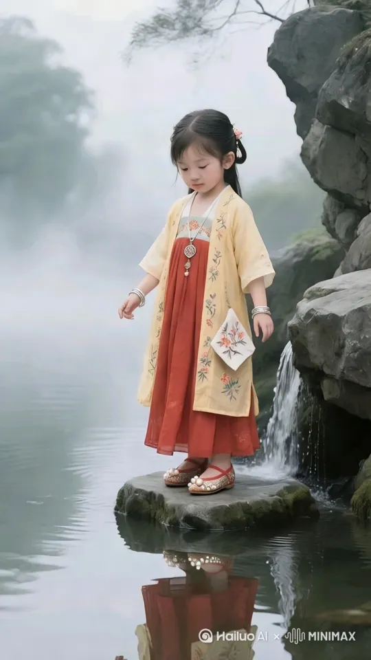 - 动画提示词：少女侧身倾听泉声，发丝与裙摆随风轻摆，腕间银镯微微晃动；泉水以淡蓝色光效动态流淌，泛起涟漪，镜头从泉眼特写拉远至全景，展现少女与自然的静谧氛围。比例：9：16 by Hailuo AI Video Generator