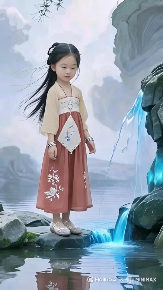 动画提示词：微风吹动柳枝轻拂少女肩头，裙摆随之飘动；树影在水面摇曳，阳光透过树叶形成光斑，缓慢闪烁；少女抬手轻触柳枝，回眸微笑，镜头环绕拍摄。比例 9:16。 by Hailuo AI Video Generator
