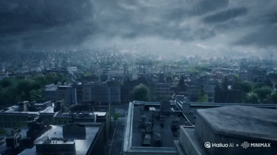镜头1：暴雨全景**
- **画面描述**: 镜头从高空俯视，展示一场猛烈的暴雨。雨水倾盆而下，街道和建筑物在雨中模糊不清。
- **运镜过程**: 
  1. **起始**: 镜头从高处缓慢下降，模拟无人机俯冲的效果。
  2. **推进**: 随着镜头的下降，镜头开始向前推进，逐渐聚焦到一栋建筑物的窗户。
  3. **速度**: 推进速度逐渐加快，营造出一种紧张和压迫感。 by Hailuo AI Video Generator
