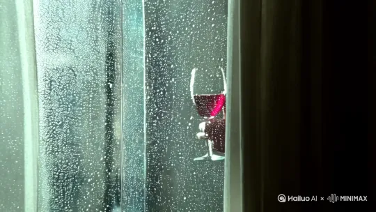 镜头2：窗内举杯的手**
- **画面描述**: 镜头穿过窗户，进入室内，展示一只举着酒杯的手。酒杯中红色的酒液在昏暗的灯光下显得格外醒目。
- **运镜过程**:
  1. **穿透**: 镜头穿过雨滴和窗户，仿佛雨水和玻璃都不存在，直接进入室内。
  2. **聚焦**: 镜头迅速聚焦到举杯的手，手部动作缓慢而优雅。
  3. **特写**: 镜头给手部一个特写，展示酒杯的细节和手部的动作。 by Hailuo AI Video Generator