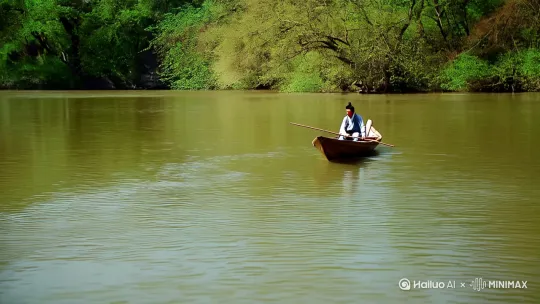 晋太元中，武陵人捕鱼为业。缘溪行，忘路之远近。忽逢桃花林，夹岸数百步，中无杂树，芳草鲜美，落英缤纷。渔人甚异之，复前行，欲穷其林。 by Hailuo AI Video Generator