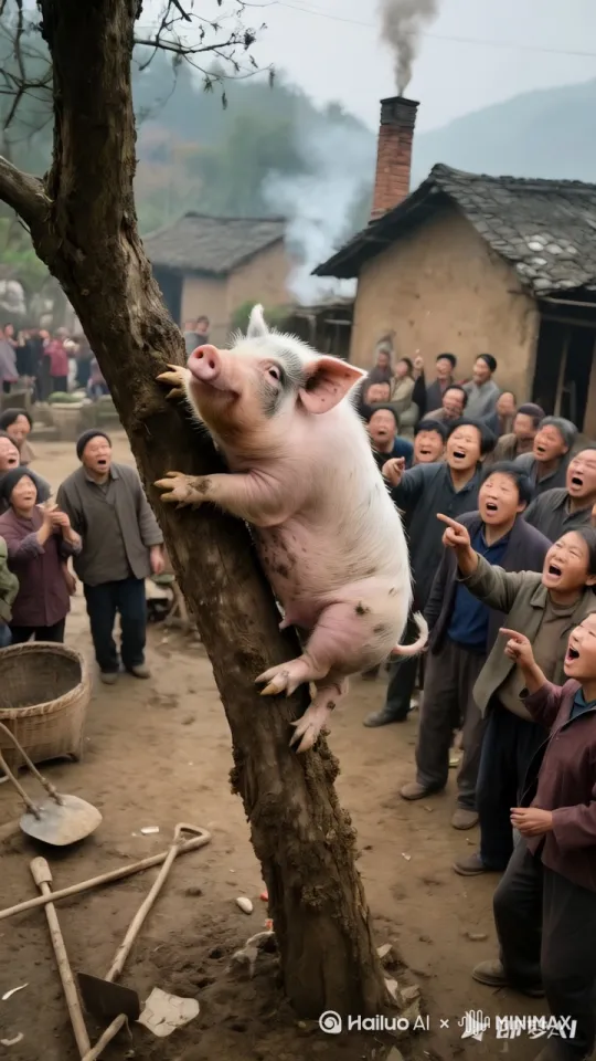 猪奋力向树上爬，围观的一群人惊讶不已 by Hailuo AI Video Generator