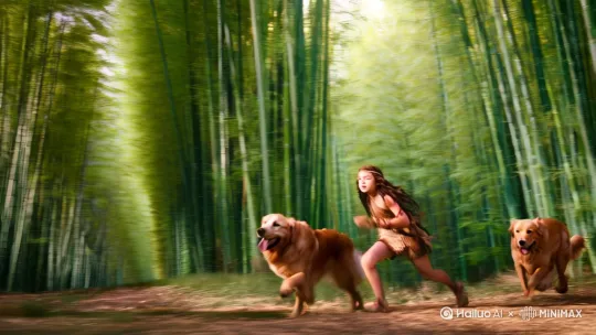 一远古搜猎少女在竹林奔跑，身后跟着两条大金毛狗 by Hailuo AI Video Generator