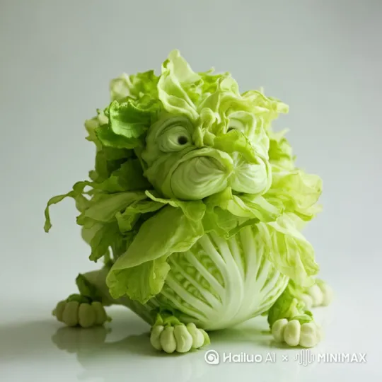 这只白菜狮子站起来用搞笑的动作跳着舞并做出幽默的表情进行说唱， by Hailuo AI Video Generator