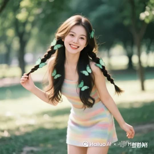 她在公园里肆意奔跑，发丝随着清风飘动，清风徐来 by Hailuo AI Video Generator