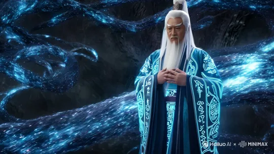 A scene of Pangu with a majestic face and white beard, wearing an ancient robe with glowing runes, standing in a chaotic environment with swirling dark energy. He has a serious expression with his hands clasped in front of his chest, as if contemplating or sensing the energy around him. by Hailuo AI Video Generator
