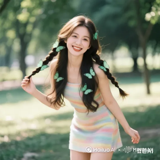 她在公园里摆着各种造型拍照，发丝随着清风飘动，清风徐来，她的笑容很甜 by Hailuo AI Video Generator