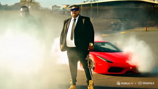 The scene transitions with a cinematic camera pan, revealing the man now standing between two large, intimidating bodyguards dressed in black suits with dark sunglasses, their expressions stoic and unflinching. The central character — the Indian rapper — stands taller and prouder, commanding attention. He’s now fully styled in luxury designer clothing: a sleek black jacket with gold embroidery, matching fitted trousers, and polished high-end shoes. Around his neck, the thick gold chain shines even brighter, and he’s wearing dark, reflective sunglasses, adding a layer of mystery and swagger.
The camera slowly zooms in, capturing the confident smirk on his face as smoke from the drifting Ferrari continues to curl through the scene in the background. The lighting is sharp and dramatic, with red and gold highlights glinting off his jewelry and clothing. His silhouette contrasts with the glowing red of the Ferrari and the shadows cast by his imposing bodyguards.
Dynamic camera pans capture the movement around him — one pan glides past the side of the Ferrari still drifting in slow motion, while another swoops from the ground up, emphasizing the grandeur of the moment. Occasional close-ups flash on his sunglasses, hands covered in gold rings, and a luxury watch gleaming under the light.
The vibe is elite, powerful, and fearless — a cinematic rap video moment showing the man as a boss figure, backed by muscle, dripping in style and confidence. Perfect as a background video loop or transition scene in a high-energy rapping song. by Hailuo AI Video Generator