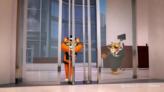 3D写实风，背景是现代人类银行，猫和老虎拟人化动作，穿着剪裁考究的黑西装、墨镜，气场全开。



脚本（10秒）

【画面一】（0-2秒）
镜头：旋转镜头推开银行大门，两只穿着西装、戴墨镜的“黑帮”缓步走入。
橘猫叼着牙签，老虎慢慢掏出一张图纸。

【画面二】（2-6秒）
猫跳上一张柜台，枪指着天花板，语气冷酷：
“所有人趴下——抢的不是钱，是尊重。”
老虎一掌拍碎摄像头，帅气甩头发（有风特效）

【画面三】（6-10秒）
警铃响起，人群混乱，猫摁下遥控器，一辆奶油色小车冲进大厅。 by Hailuo AI Video Generator