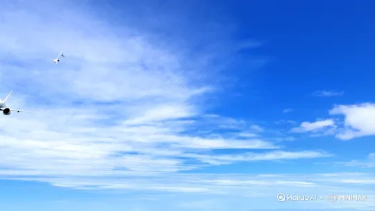 以下是生成该视频可能需要的素材：
 
1. 不同角度拍摄的天空画面，最好有云朵，展现出天空开阔的场景，为飞鸟和飞机的出现提供背景。
 
2. 各种飞鸟飞行的画面，包括它们展翅翱翔、转弯、集群飞行等不同姿态和动作，最好有多几种鸟类的素材，增加多样性。
 
3. 不同型号飞机在天空飞行的素材，涵盖起飞、平飞、转弯等不同飞行状态，且从不同距离和视角拍摄，如远距离的飞机轮廓，中距离展现飞机全貌等。
 
生成的项目内容大致如下：
首先，画面从广阔的蓝天开始，白云悠悠飘动。接着，一群飞鸟从画面一侧展翅飞入，它们自由地在空中变换着队列飞行。此时，远处出现一个小点，随着镜头拉近，能看出是一架飞机正平稳飞行。飞鸟逐渐靠近飞机，当相遇的瞬间，镜头捕捉飞鸟与飞机同框的画面，飞机巨大的机身与灵动的飞鸟形成鲜明对比。飞鸟有的灵活地从飞机一侧绕过，有的继续保持飞行方向与飞机短暂并行一段距离，随后，飞鸟渐渐远去，飞机也朝着远方飞去，最后画面拉远，展现天空中飞机和飞鸟远去的背影，蓝天依旧广阔。之后可以根据需求添加合适的背景音乐，如舒缓又带有动感的音乐，来渲染这种天空中奇妙相遇的氛围，还可添加一些适当的音效，如飞机发动机的轰鸣声、飞鸟的鸣叫声，增强视频的真实感。[左移,推进,右摇] by Hailuo AI Video Generator