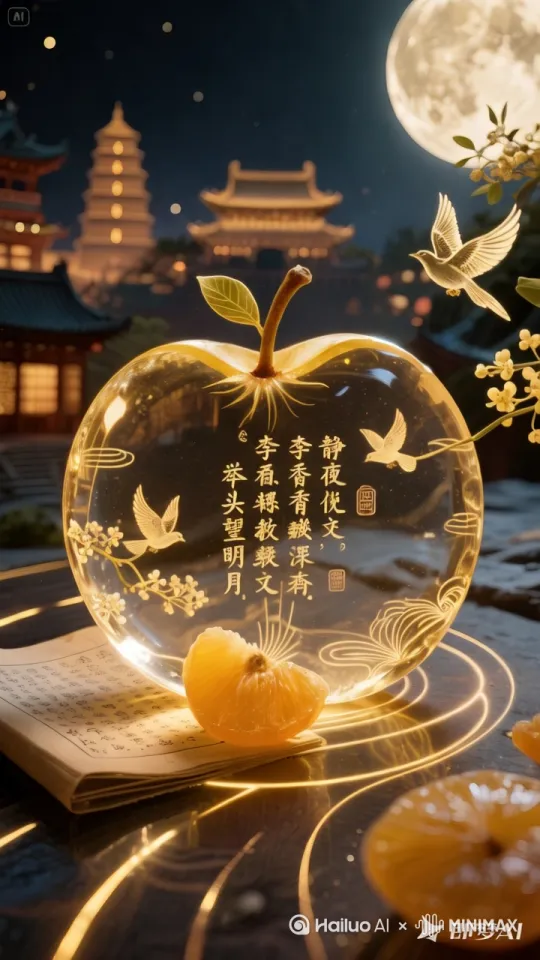 帮我生成一个视频：星辰闪烁，萤火虫飞舞，大树周围的吊灯在闪烁这，月亮在缓缓升起。 by Hailuo AI Video Generator