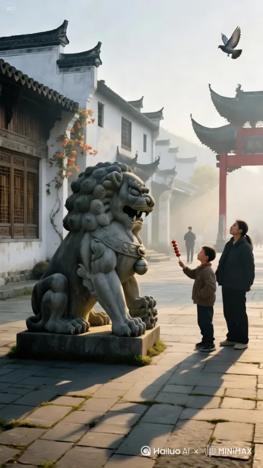让石狮立即向前奔跑，旁边人物迅速避让，要求镜头跟随石狮，动作流畅，画面真实。 by Hailuo AI Video Generator