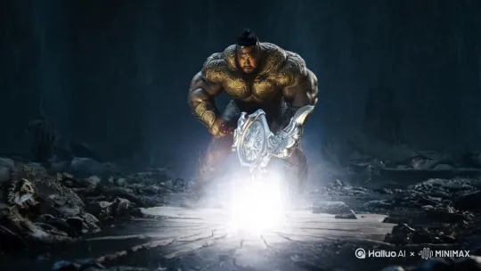 Pangu, a muscular and powerful figure with a bronze - skinned body, stands in a chaotic environment. In front of him is a crack with a faint light. He firmly grips a shining divine axe with both hands, leans back slightly, then swings the axe forward with great force. The axe emits a brilliant light, splitting the chaos. The light mist begins to rise upwards, while the heavy turbid air sinks downwards. by Hailuo AI Video Generator