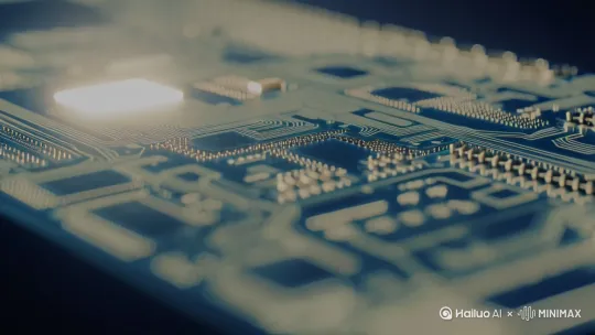 一颗芯片贴装到PCB板上，形成线路图的亮光 by Hailuo AI Video Generator