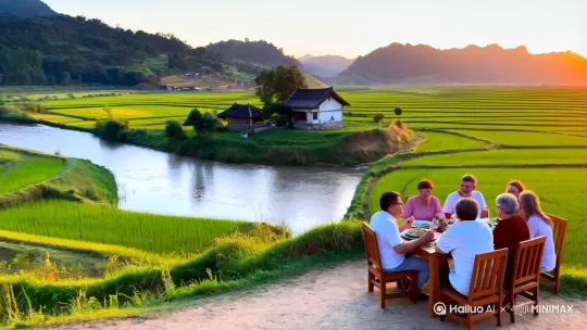 农村，农房，河边，稻田，夕阳下聚餐 by Hailuo AI Video Generator