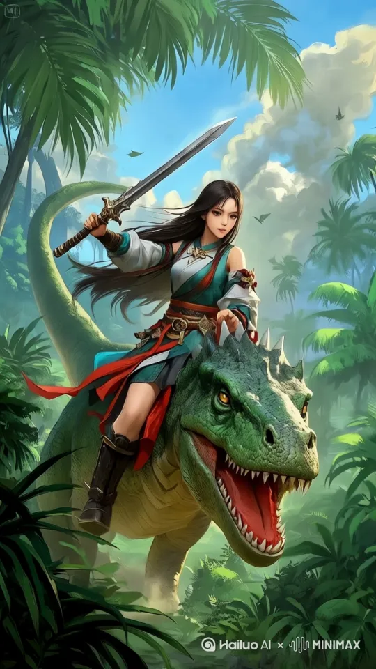 龙向前跑，美女挥刀，冲杀动作 by Hailuo AI Video Generator